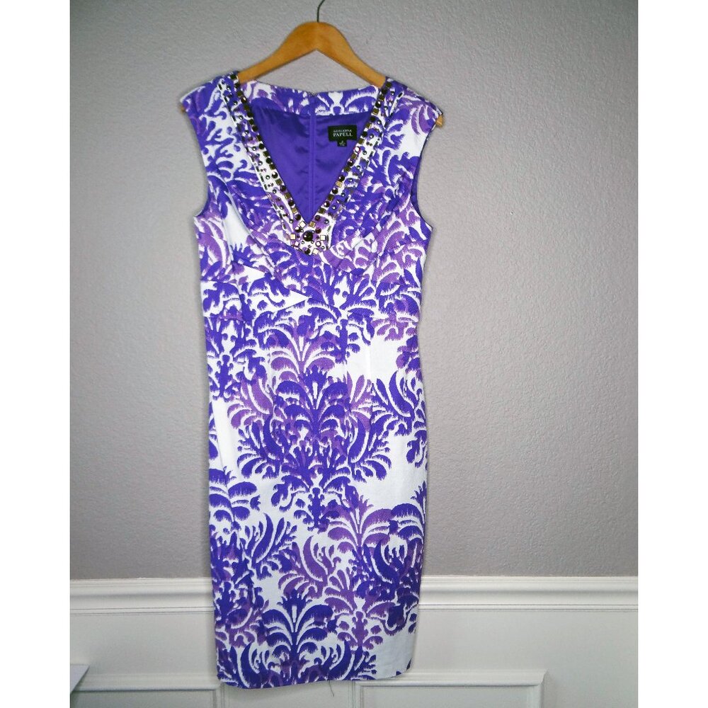 Adrianna Papell Purple Floral Print Sleeveless V-Neck Beaded Dress Sz 12